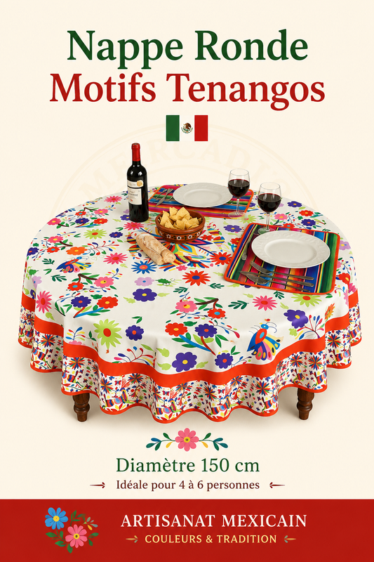 🌺 Nappe Ronde Motifs Tenangos – Artisanat Mexicain